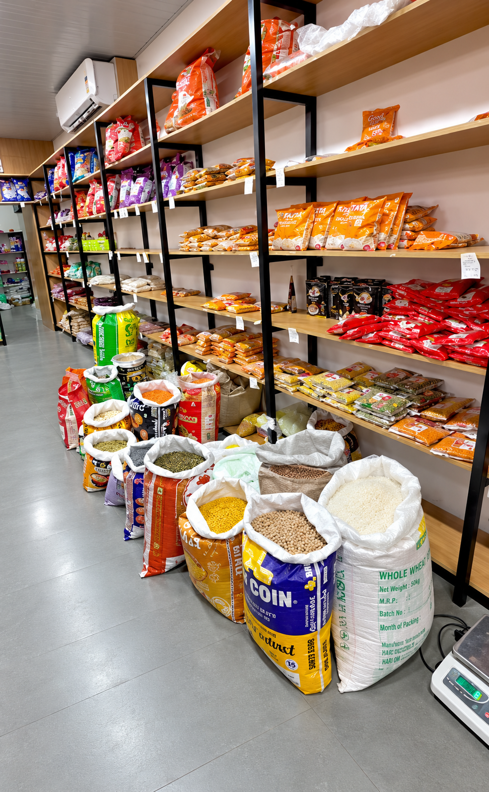 Rice bags, dals, whole pulses and staples on shelves at Laxmi Supermart