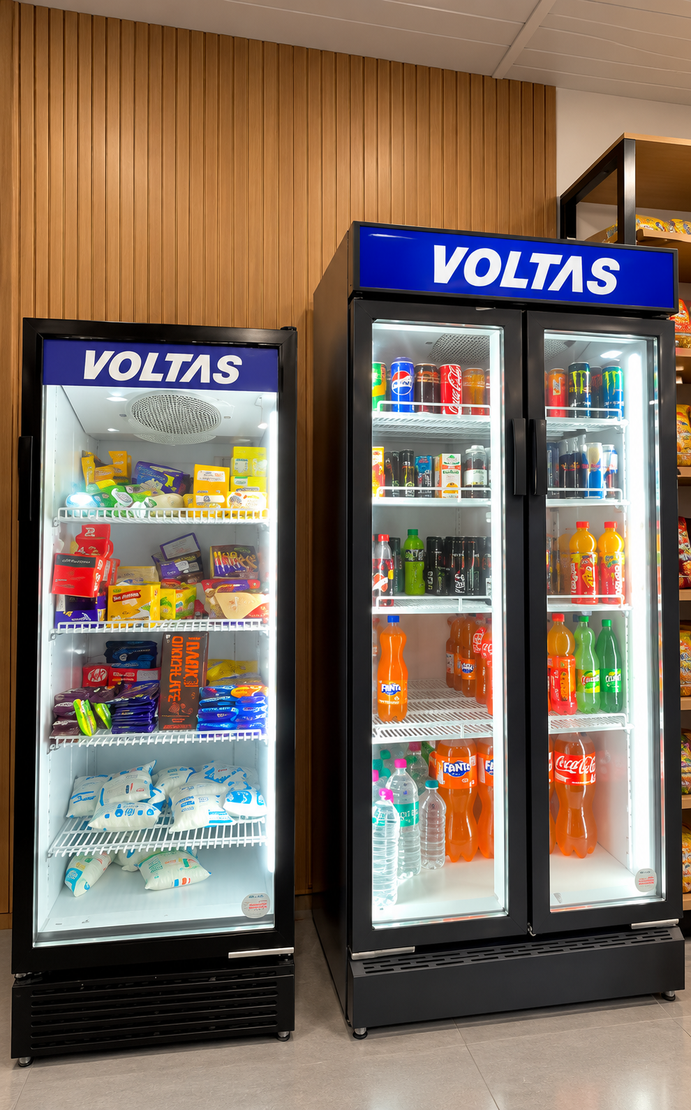 Commercial Voltas refrigerators stocked with fresh milk, cold beverages and chocolates