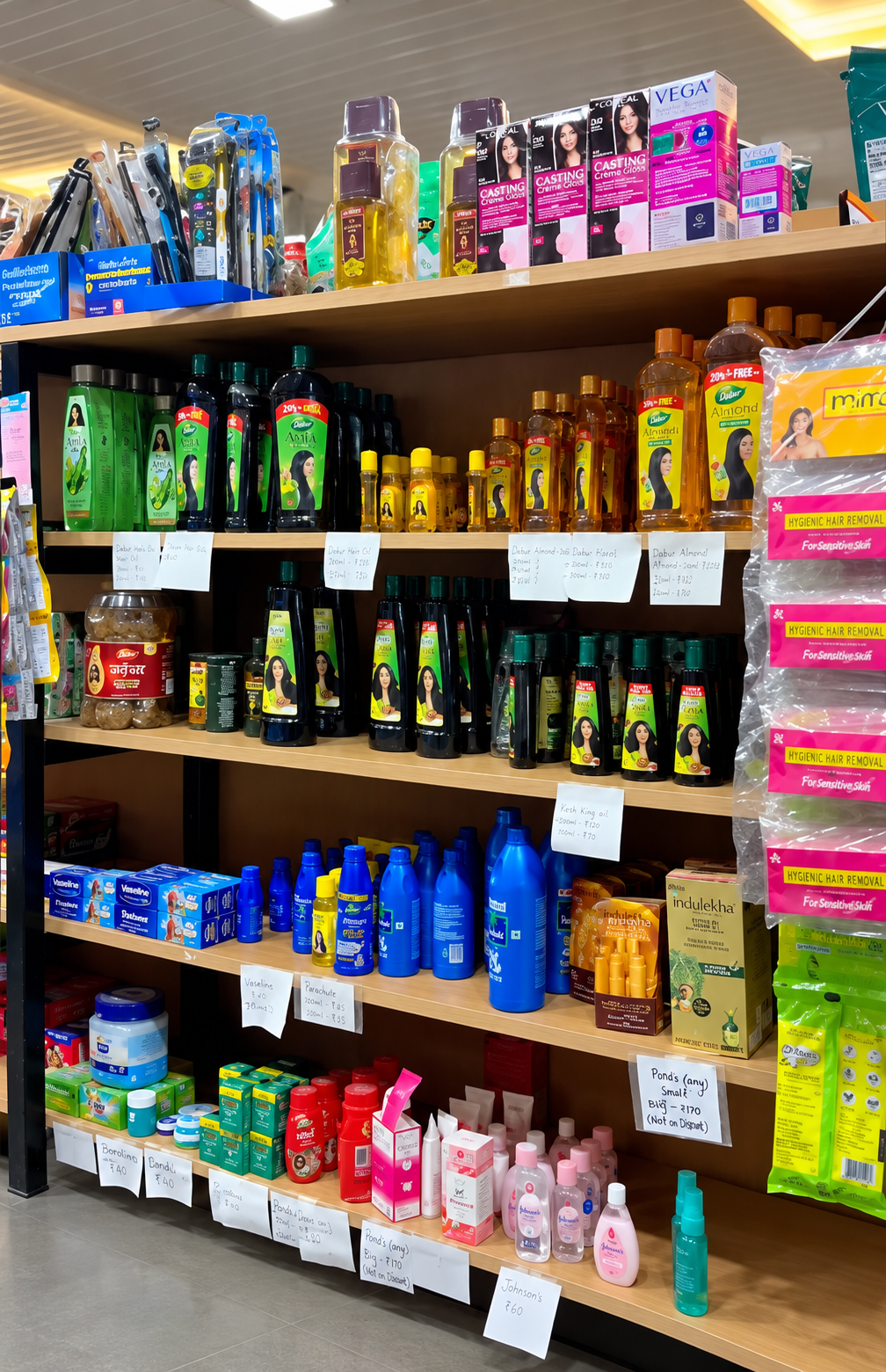 Shelves of branded cosmetics, hair oils, shampoos, and skin care products